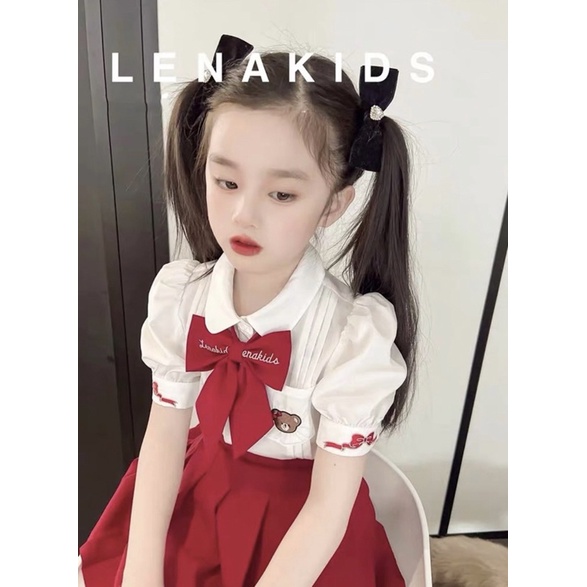 Set sơ mi tay bồng kèm nơ cho bé gái đi học đi chơi CHUNKIDS