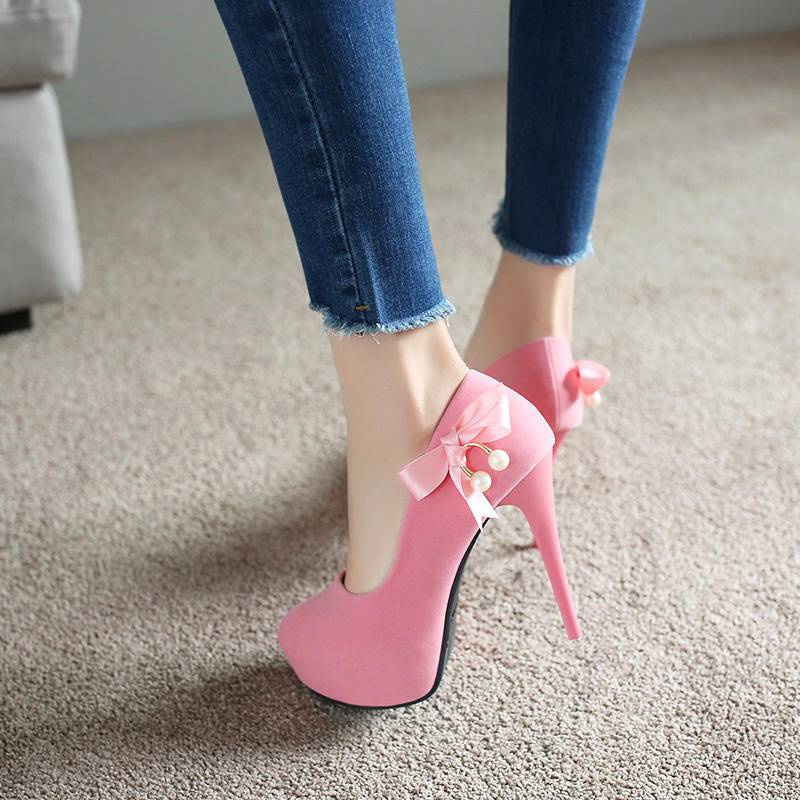 Giày Cao Gót 12Cm Da Lộn Mũi Nông In Hoa Chống Thấm Nước Màu Hồng Thời Trang Cho Nữ