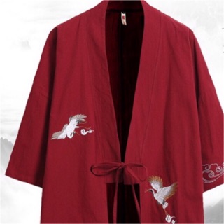 Áo khoác Kimono thêu hồng hạc nam nữ