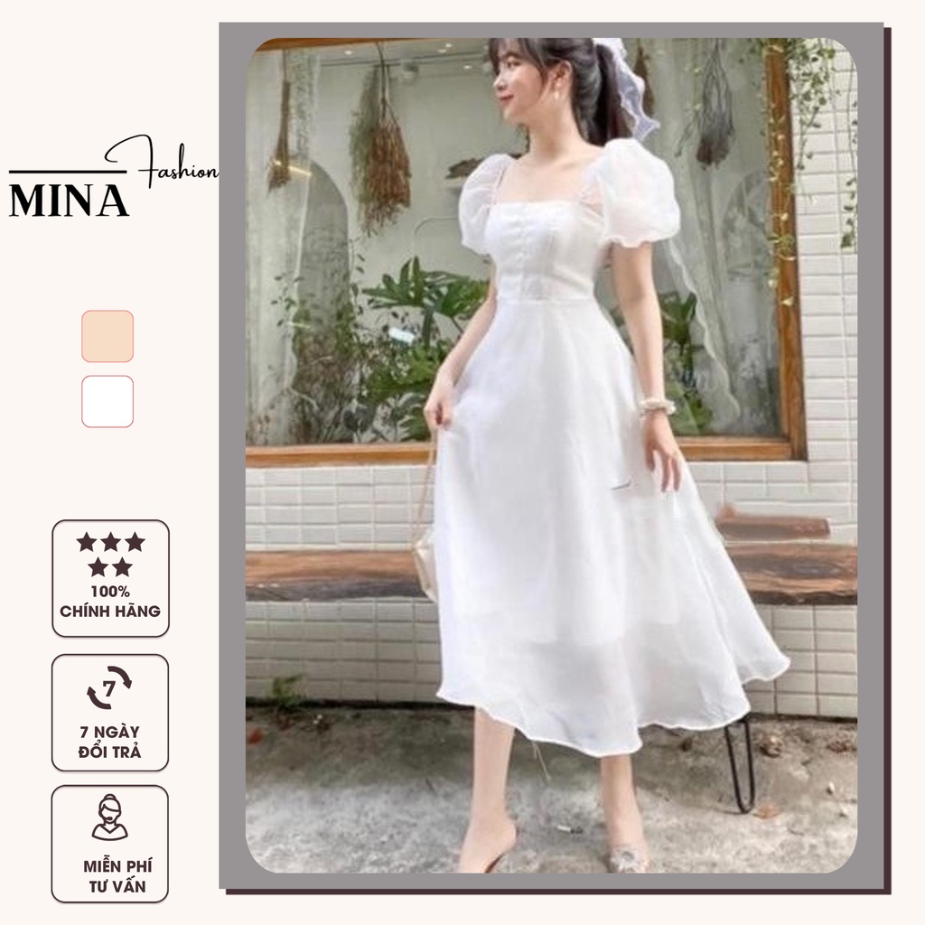Váy đầm trắng dự tiệc tiểu thư tay phồng cổ vuông váy công chúa thiết kế có đệm ngực HIJUNE VD16