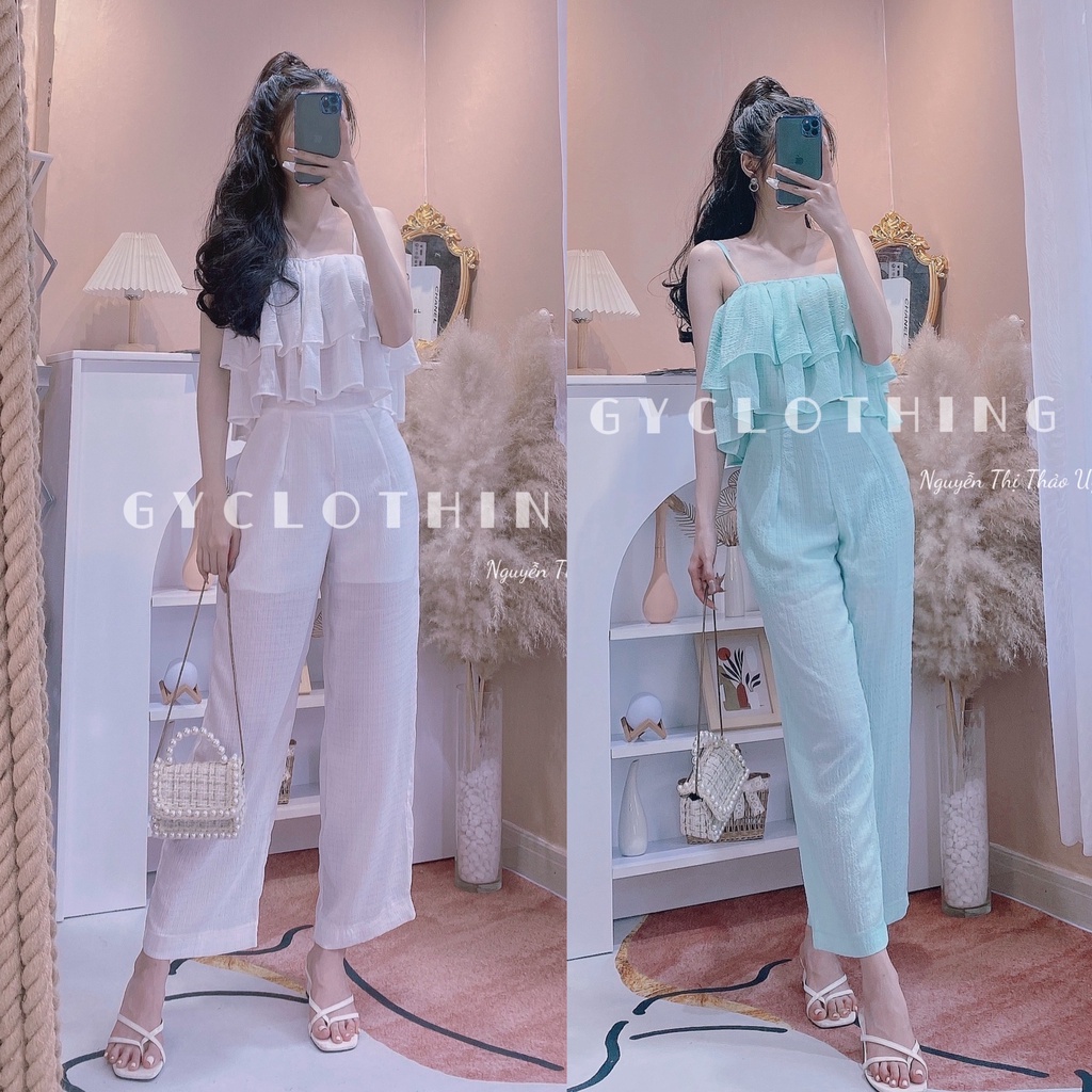SET HAI DÂY BÈO TẦNG QUẦN SUÔNG SANG TRỌNG SEXY VỚI MÀU TRƠN XANH VÀ TRẮNG
