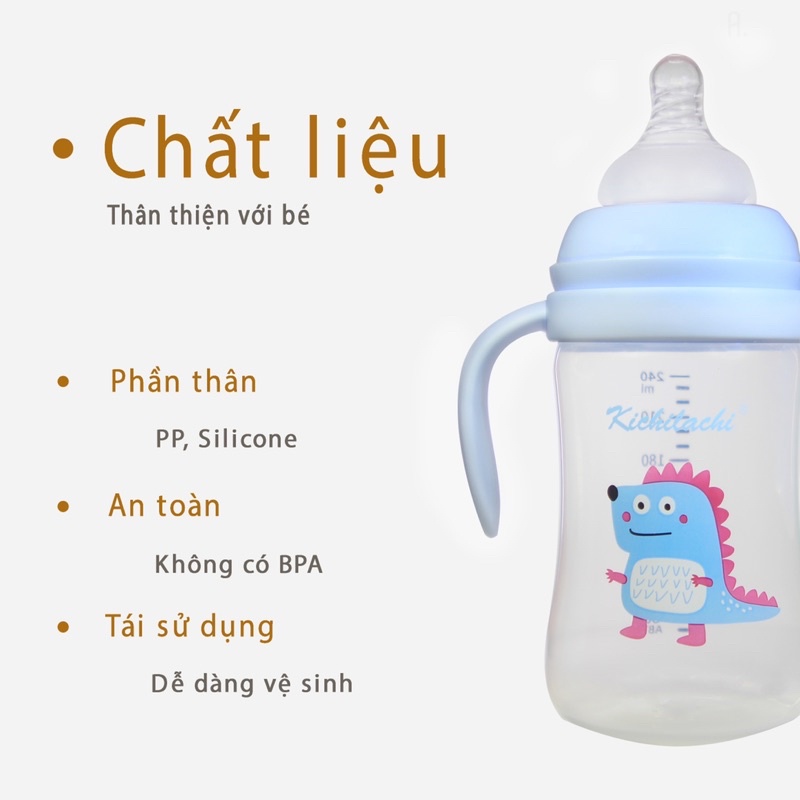 Bình sữa cổ rộng Kichilachi PP núm ty silicon siêu mềm, chống sặc và đầy hơi cho bé 180ml/240ml