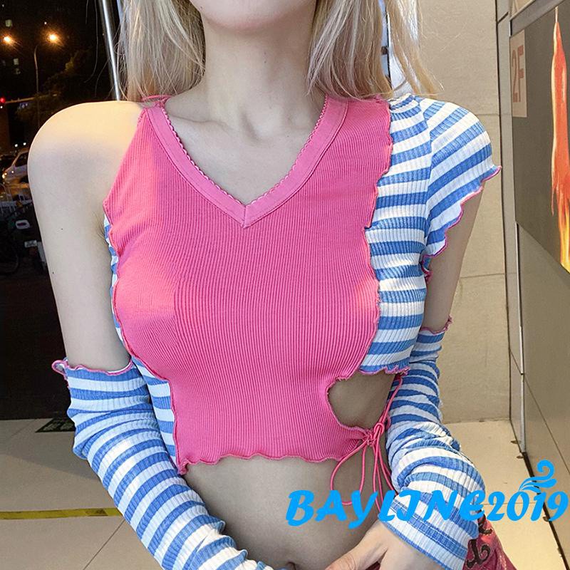 Áo Croptop Dệt Kim Tay Ngắn Cổ Chữ V Màu Sắc Thời Trang Cho Nữ