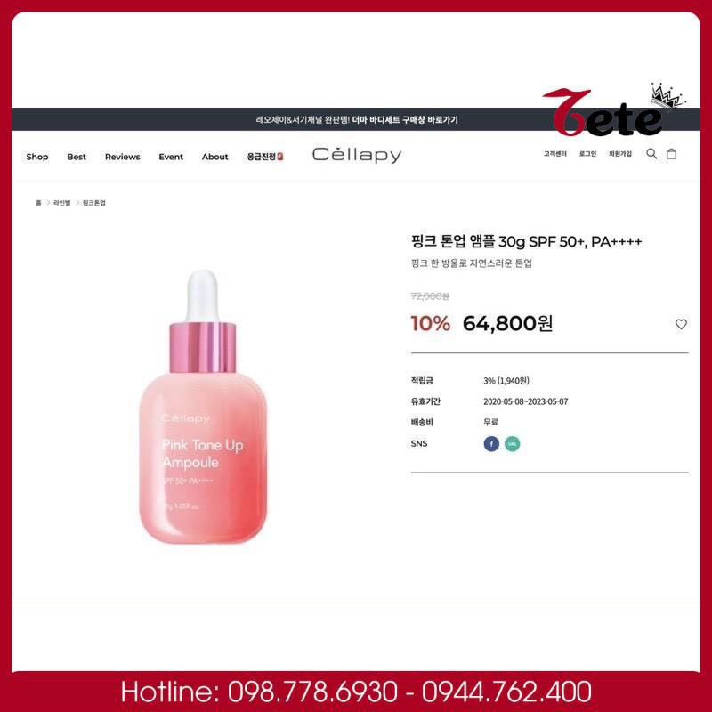 Serum Cellapy Pink Tone Up Ampoule SPF35+ PA++++, Tinh Chất Dưỡng Da Trắng Hồng Chống Nắng