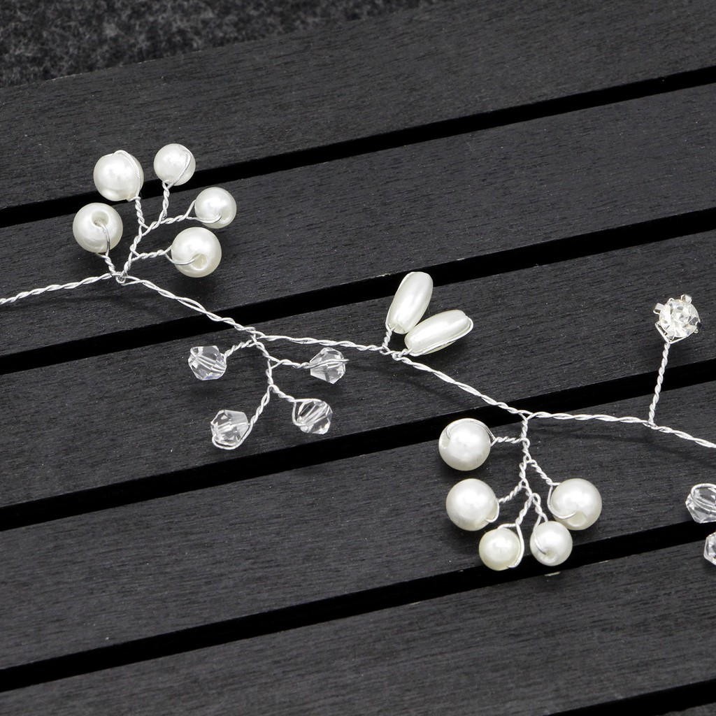 Cài tóc dạng dây kiểu hoa lá phối ngọc và đính đá sang trọng