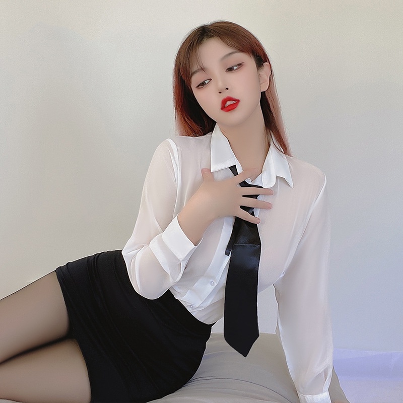 {Nightgown} Bộ Đồ Ngủ Sơ Mi Voan Tay Dài Dáng Ôm Phong Cách Thư Ký Chuyên Nghiệp Mùa Hè Dành Cho Nữ