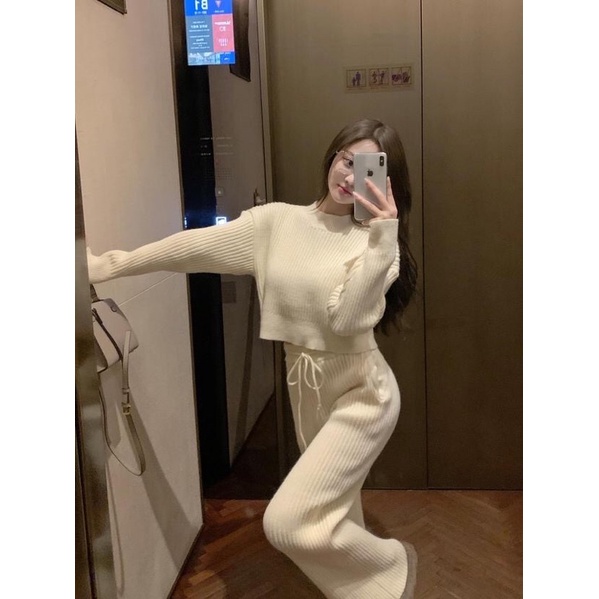 Set áo len tay dài + quần ống suông len 2021