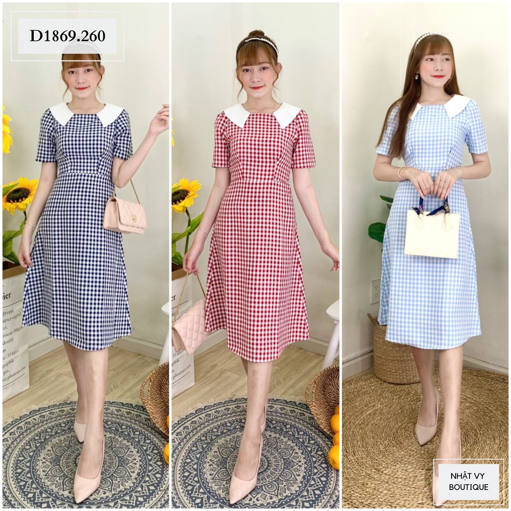 ĐẦM CARO CỔ TRẮNG CHIẾT EO - D1869