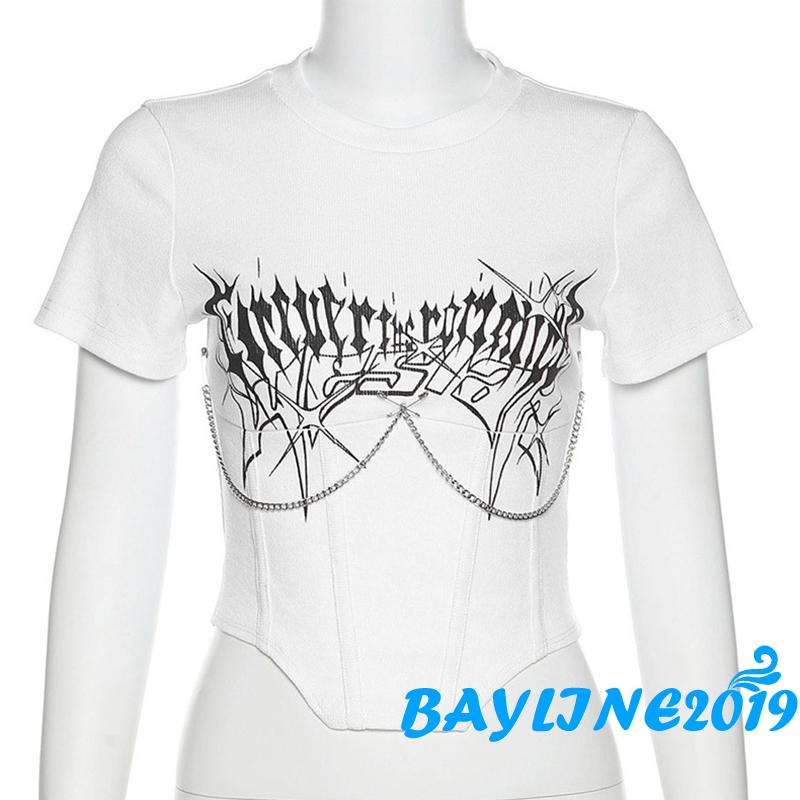 Áo Thun Ngắn Tay Cổ Tròn Ôm Dáng In Chữ Phối Dây Xích Kim Loại Cho Nữ