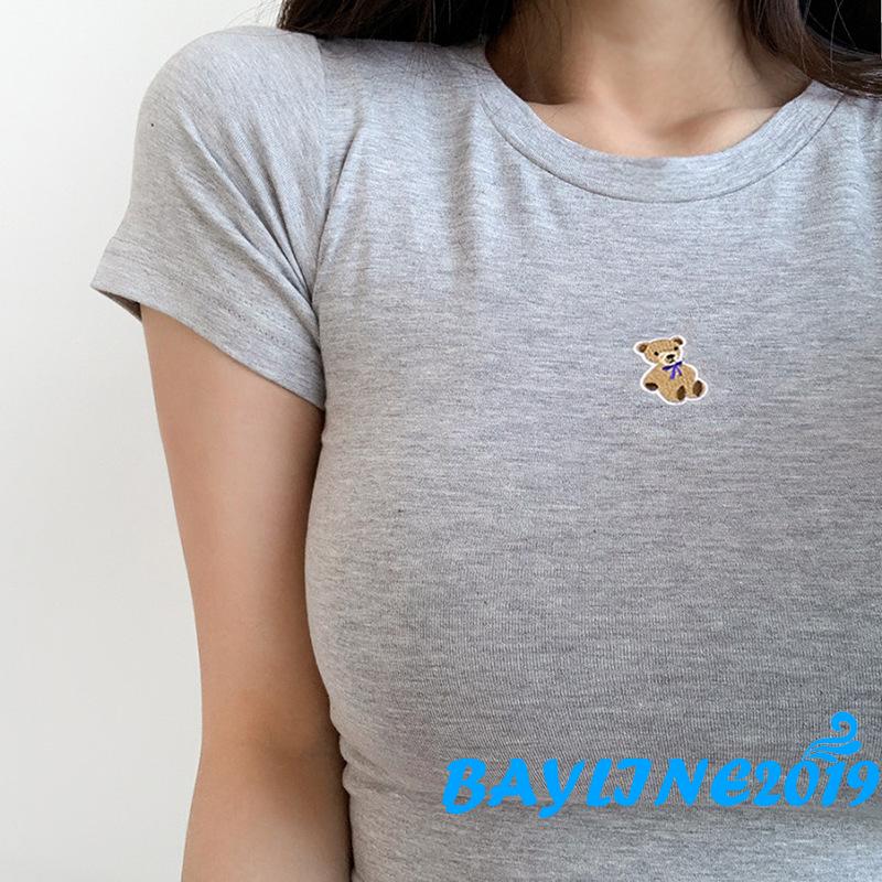 Áo Croptop Nữ Ngắn Tay Cổ Tròn Thêu Hình Gấu Gợi Cảm | BigBuy360 - bigbuy360.vn