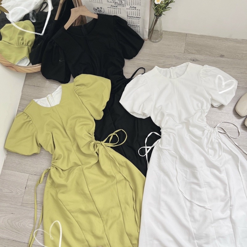 ĐẦM MIDI 4 MẢNH RÚT EO HÔNG CỔ TRÒN 3 MÀU