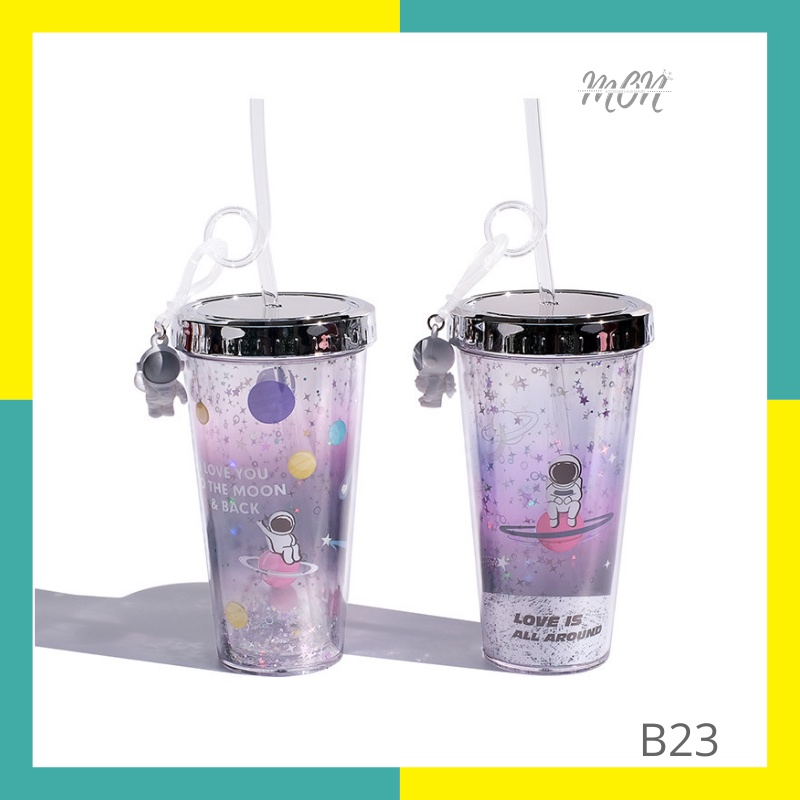 🌸sẵn🌸 Ly nước giữ nhiệt 2 lớp nhựa an toàn họa tiết vũ trụ phi hành gia - ống hút xoắn -B23