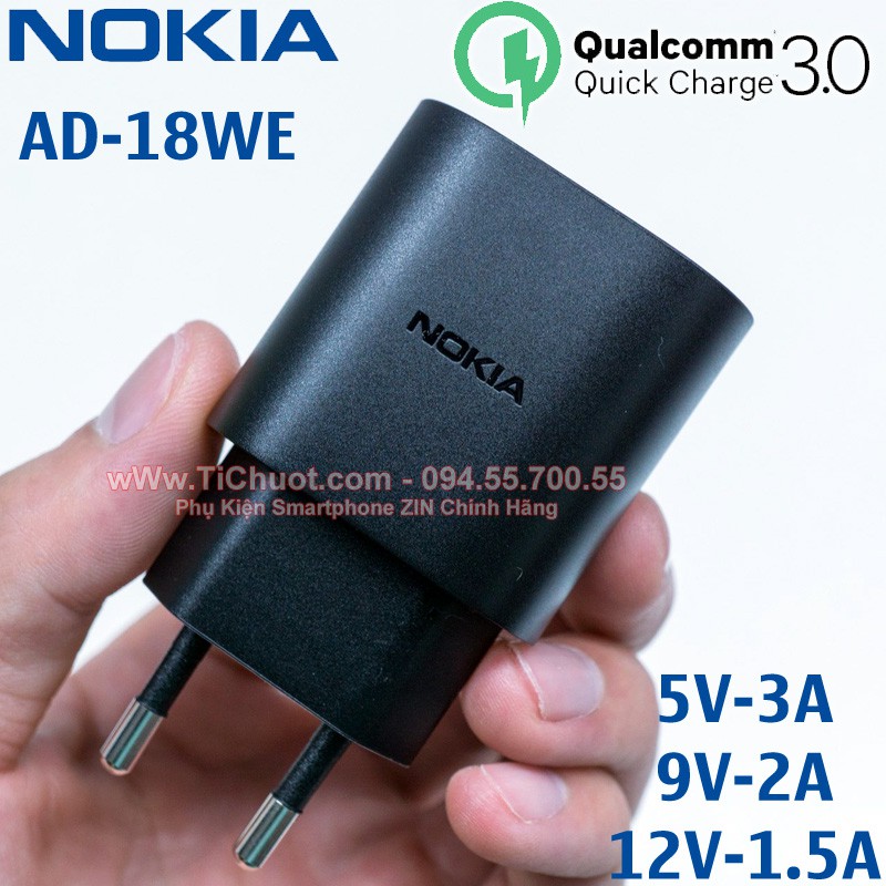 [Mã 2404EL10K giảm 10K đơn 20K] [ZIN THEO MÁY] Củ Sạc Nhanh Nokia AD-18WE 18W Quick Charge 3.0