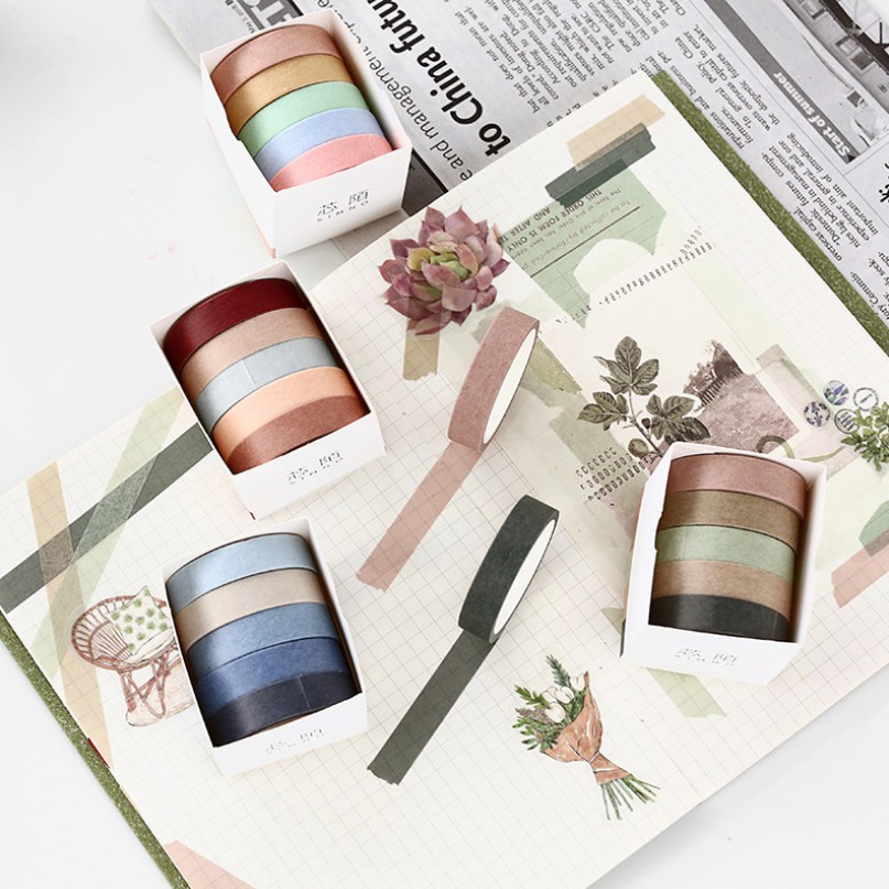 [Mã LIFEBOOK2 giảm 10% đơn 0Đ] Hộp 5 cuộn washi tape màu sắc cơ bản 9 mẫu tự chọn trang trí bullet journal