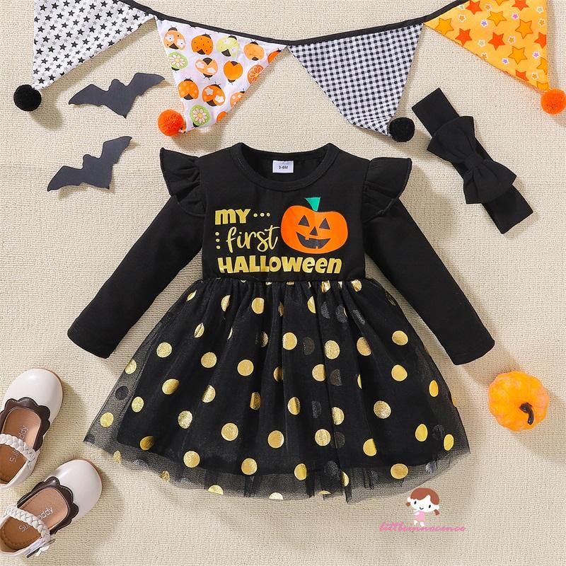 Đầm Tay Dài In Họa Tiết Mặt Bí Ngô Và Chấm Bi Đen Thời Trang Halloween Cho Bé Gái