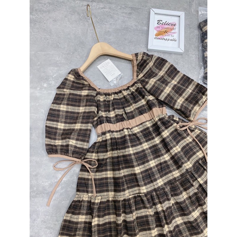 [Siêu hot] Váy Nữ Kẻ Nâu Chun Éo Dáng Xoè, Đầm Nữ Dáng Babydoll Cổ Vuông Có Ảnh Thật Kèm Video | BigBuy360 - bigbuy360.vn