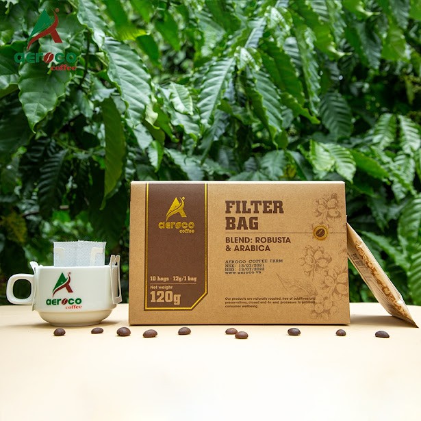 VoucherXtra5%_Hộp 10 túi phin giấy*12g_Cà phê phin giấy AEROCO COFFEE nguyên chất 100%, rang mộc, hậu vị chua thanh