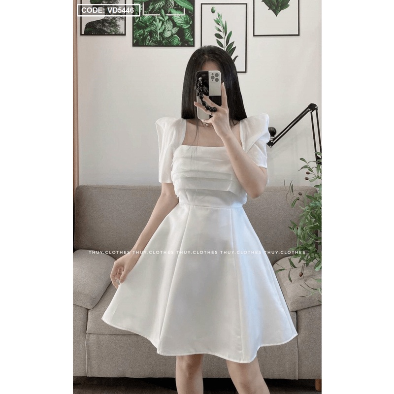 Đầm xòe màu trắng xếp ly tay phồng, cổ vuông hottrend | WebRaoVat - webraovat.net.vn