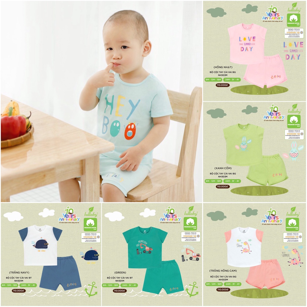 [CHÍNH HÃNG]Bộ cộc tay cài vai quần đùi cotton cao cấp in họa tiết Lullaby chính hãng