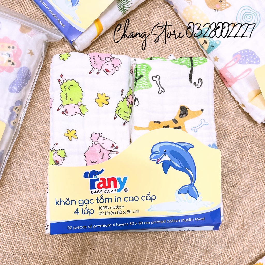 Set 2 Khăn Tắm Xô In Hình 4 Lớp Cao Cấp Fany