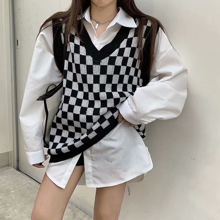 Áo len nam không tay cổ chữ V thời trang tính bigsize unisex sweater lưới điện bàn cờ fashion casual áo vest nữ