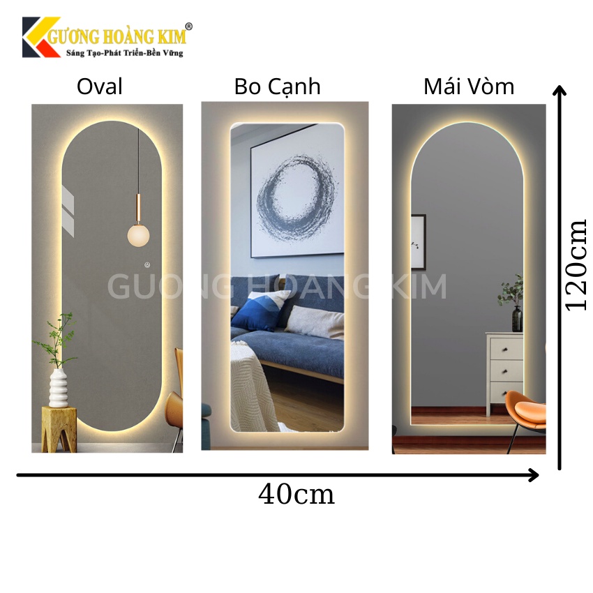 gương soi toàn thân treo tường, gương toàn thân có đèn led cảm ứng hình oval kích thước 40x120cm guonghoangkim HK1010