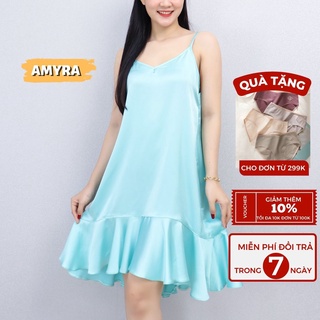 Váy trung niên hai dây cổ tim chất lụa trượt cao cấp AMYRA - Đầm mặc nhà cho mẹ trơn dáng xòe phối đuôi cá