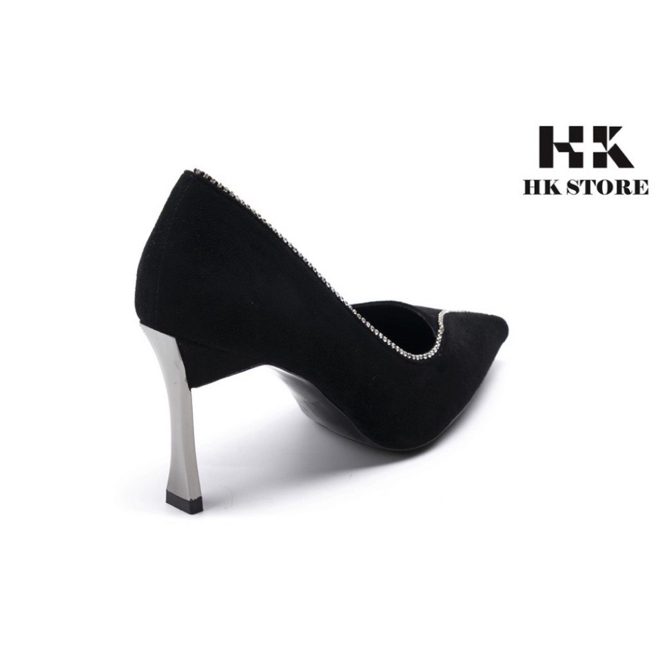 Giày cao gót nữ ❤️ HK.STORE ❤️ da thật 100% kiểu da lộn kết hợp đế nhọn bọc kim loại 7p đính đá quanh giày sang chảnh