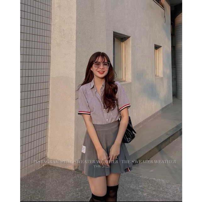 Set bộ Thomb chân váy xoè áo sơ mi, Set đồ nữ hoạ tiết kẻ sọc phong cách Hàn Quốc