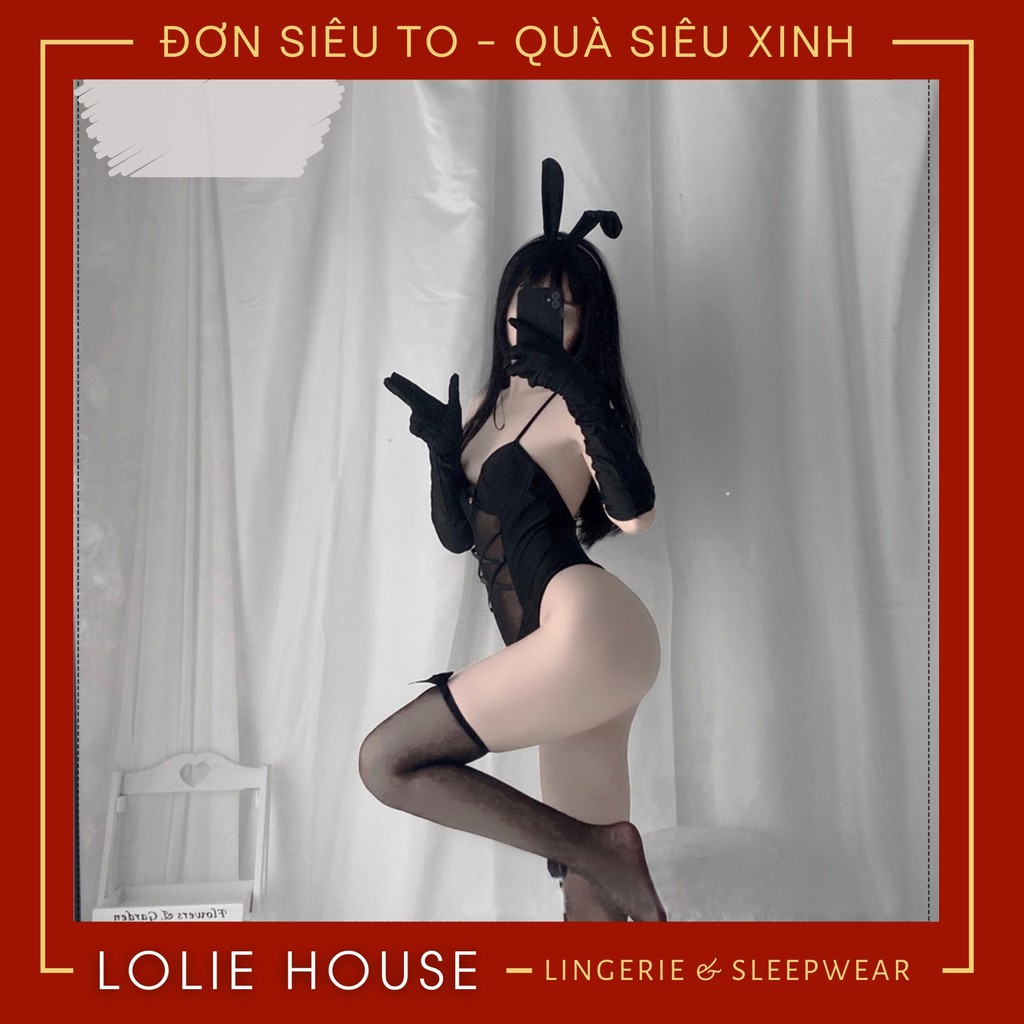 Cosplay thỏ sexy dáng bodysuit ren lưới đen - Bộ đồ cosplay thỏ có bờm tai thỏ mút ngực liền thân LOLIE HOUSE - CP38 | BigBuy360 - bigbuy360.vn