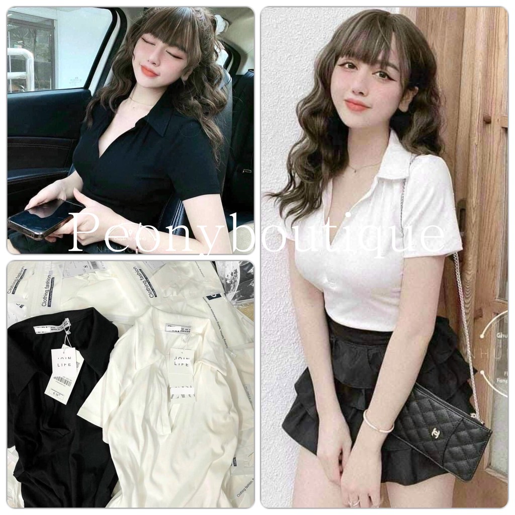 Áo Polo Chữ V Cộc Tay PEONYB Nữ [FREESHIP] 🌸 Thun body dáng ôm, phông trơn cổ tim hot girl bánh bèo, tiểu thư Ulzzang 🌸