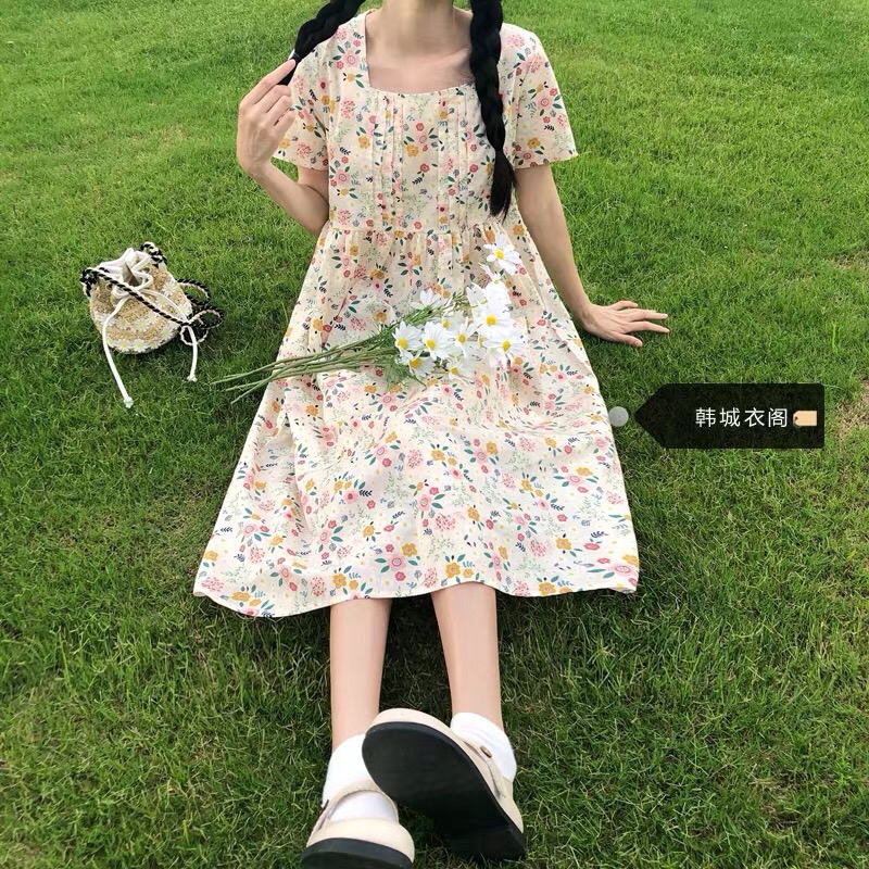 [Mã FADIRECT20 giảm 20K đơn 150K] Đầm - váy babydoll ulzzang hoa nhí xếp ly ngực ( màu hoa be một màu)