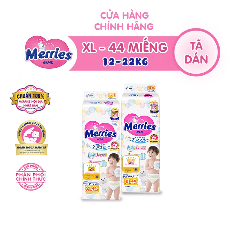 Combo 2 Tã/bỉm dán Merries size XL 44 miếng (Cho bé 12 20 kg)