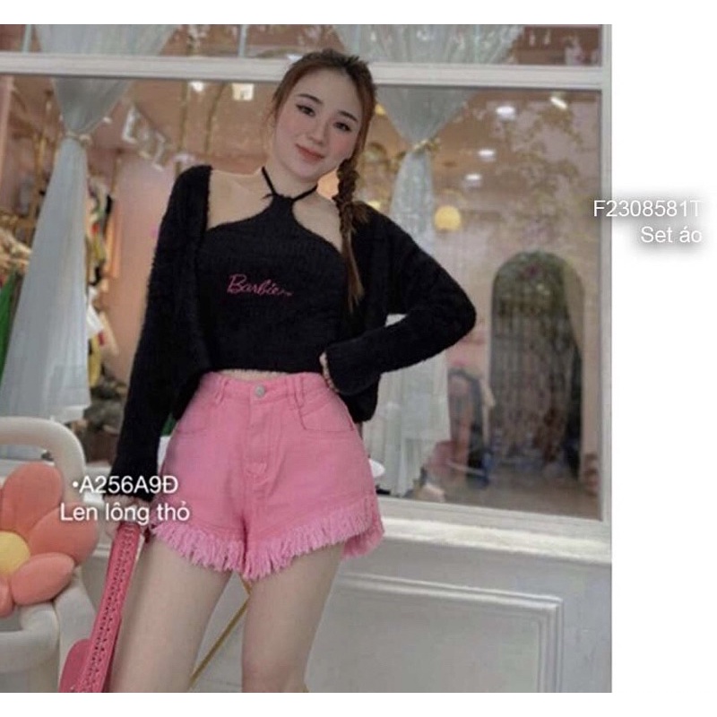 Set len lông xù Áo khoác dài tay kèm Áo dây yếm khoét lưng thêu chữ s TT2308