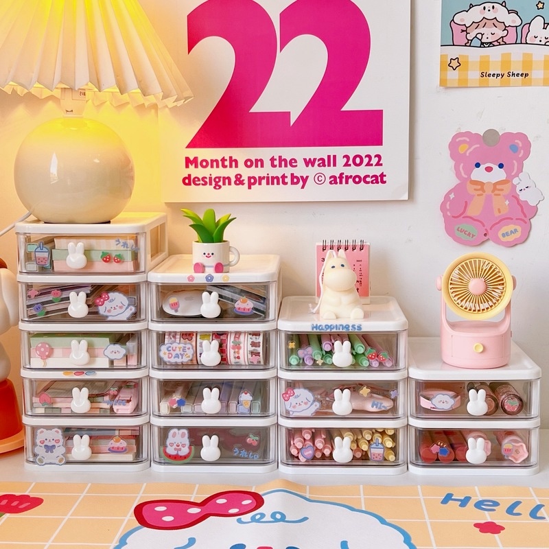 Hộp Đựng Mỹ Phẩm Nhiều Ngăn Họa Tiết Thỏ Dễ Thương Chống Bụi