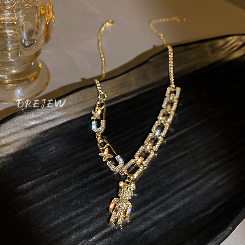 DREJEW Dây chuyền nữ mặt hình gấu dễ thương đính kim cương giả phong cách Hàn Quốc độc đáo