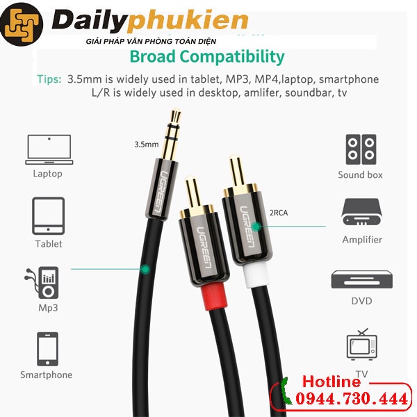 Dây loa 3.5mm sang 2 đầu AV 2m UGREEN 10584 dailyphukien