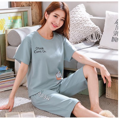 Bộ Đồ Mặc ở nhà Quần Lửng Áo cộc tay Cotton nữ phong cách Hàn Quốc