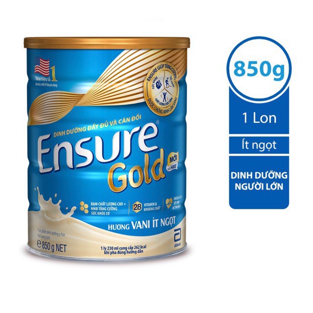 Sữa bột Abbott Ensure Gold ít ngọt hương vani hộp 850g - quoctruongshop