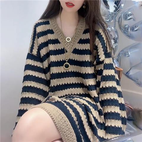 Đầm Dệt Kim Tay Dài Dáng Rộng Họa Tiết Kẻ Sọc Phong Cách Hàn Quốc Thời Trang Mùa Thu Cho Nữ