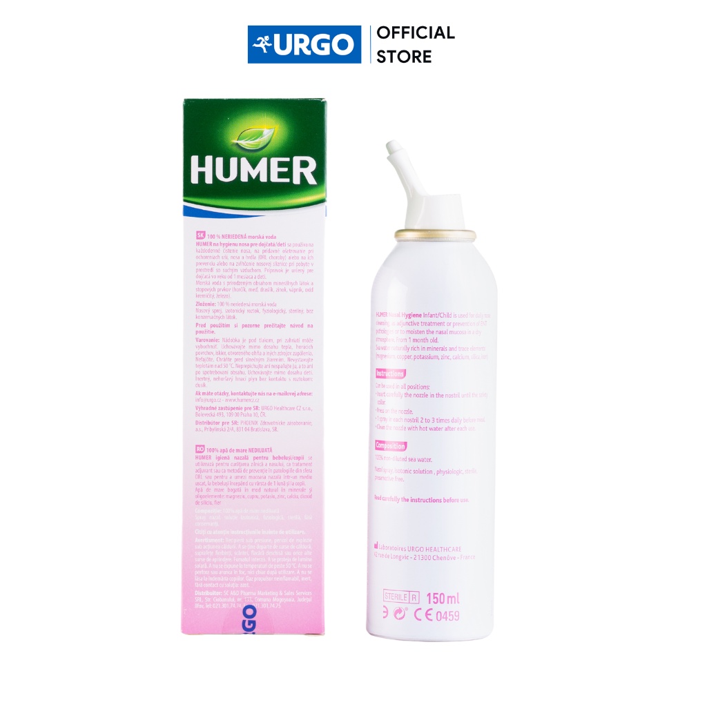 Humer - Dung dịch xịt vệ sinh mũi dùng cho Trẻ sơ sinh/Trẻ em - 100% nước biển - 150ml