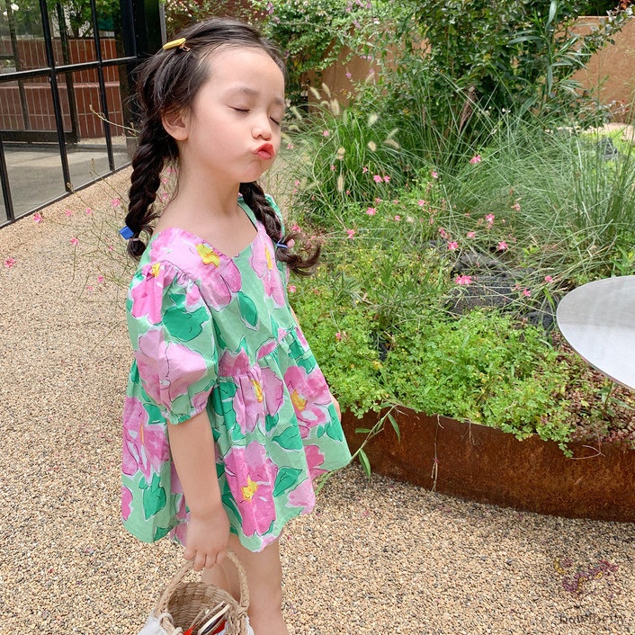 Bộ Áo Tay Phồng In Hoa + Quần Short Đáng Yêu Thời Trang Hàn Quốc Cho Bé Gái