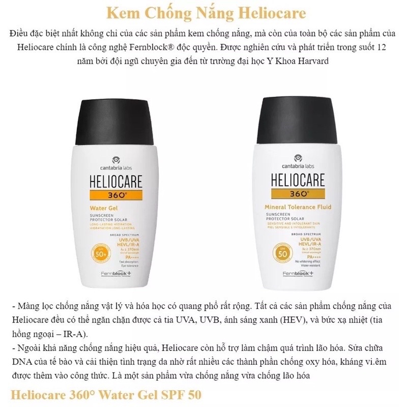 Kem chống nắng Heliocare 360 Water Gel/Mineral Tolerance/Pigment Solution Fluid SPF50+ 50ml