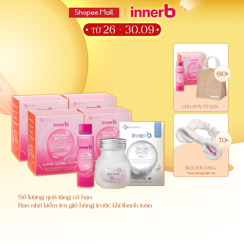 Combo 4 hộp 6 chai nước uống Collagen vitamin C sáng da InnerB Glowshot và thực phẩm bảo vệ sức khỏe InnerB Snow White