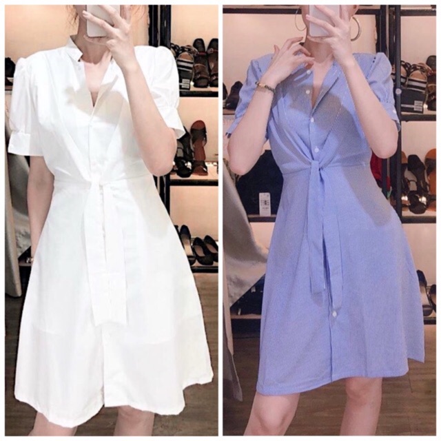 Đầm sơ mi cổ trụ thắt eo 2 màu (kèm hình thật)