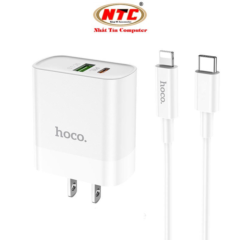 Bộ Cốc sạc 2 cổng USB và PD kèm Cáp sạc Type-C to Lightning Hoco C80 QC3.0 và PD18W (Trắng)