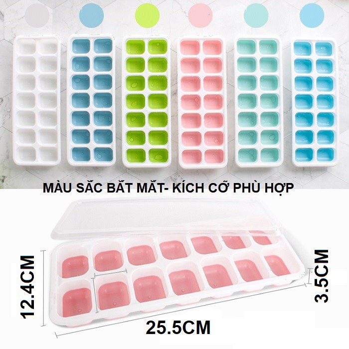 Khay Đá Có Nắp Đậy Đáy Silicon 14 Viên, Khay Làm Đá, Thạch, Kem Bảo Quản Chống Mùi Tuyệt Đối Trong Tủ Lạnh