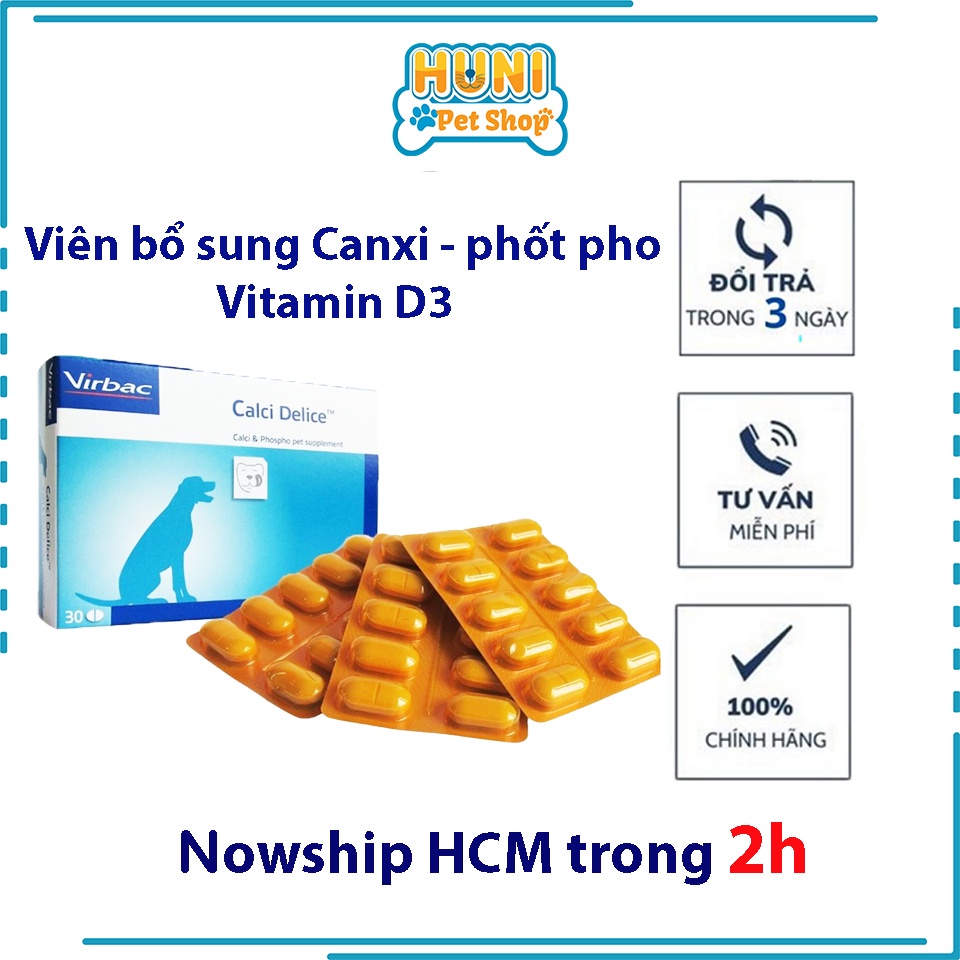 Viên Canxi cho chó mèo Pháp Virbac viên Calci Delice cho chó con, chó thiếu hụt dinh dưỡng vỉ 10 viên- Huni Petshop