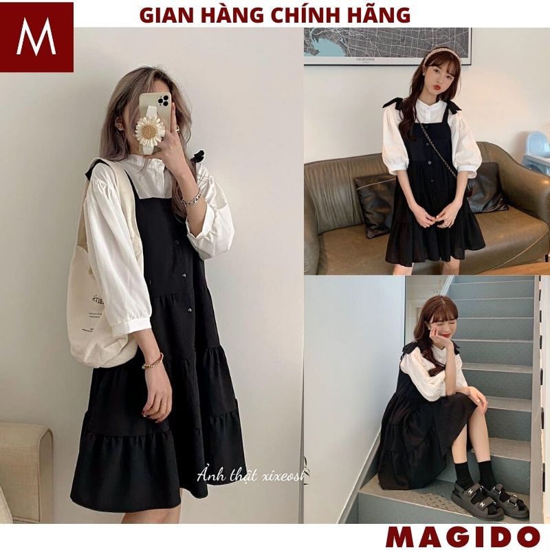 Set Áo Tay Bồng Kèm Váy 2 Dây Babydoll Phối Trắng Viền Thắt Nơ Cách Điệu, Set Váy Yếm 2 Dây Basic ULAZZANG - MAGIDO