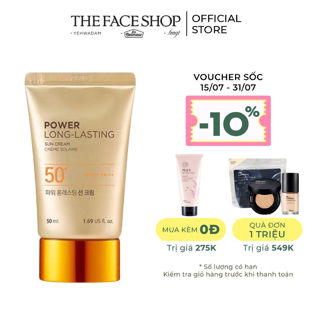 [Mã COSTFS40 -8% đơn 250K] Kem chống nắng đa năng TheFaceShop Natural SunEco Power LongLasting Sun CreamSPF50+ 50ml